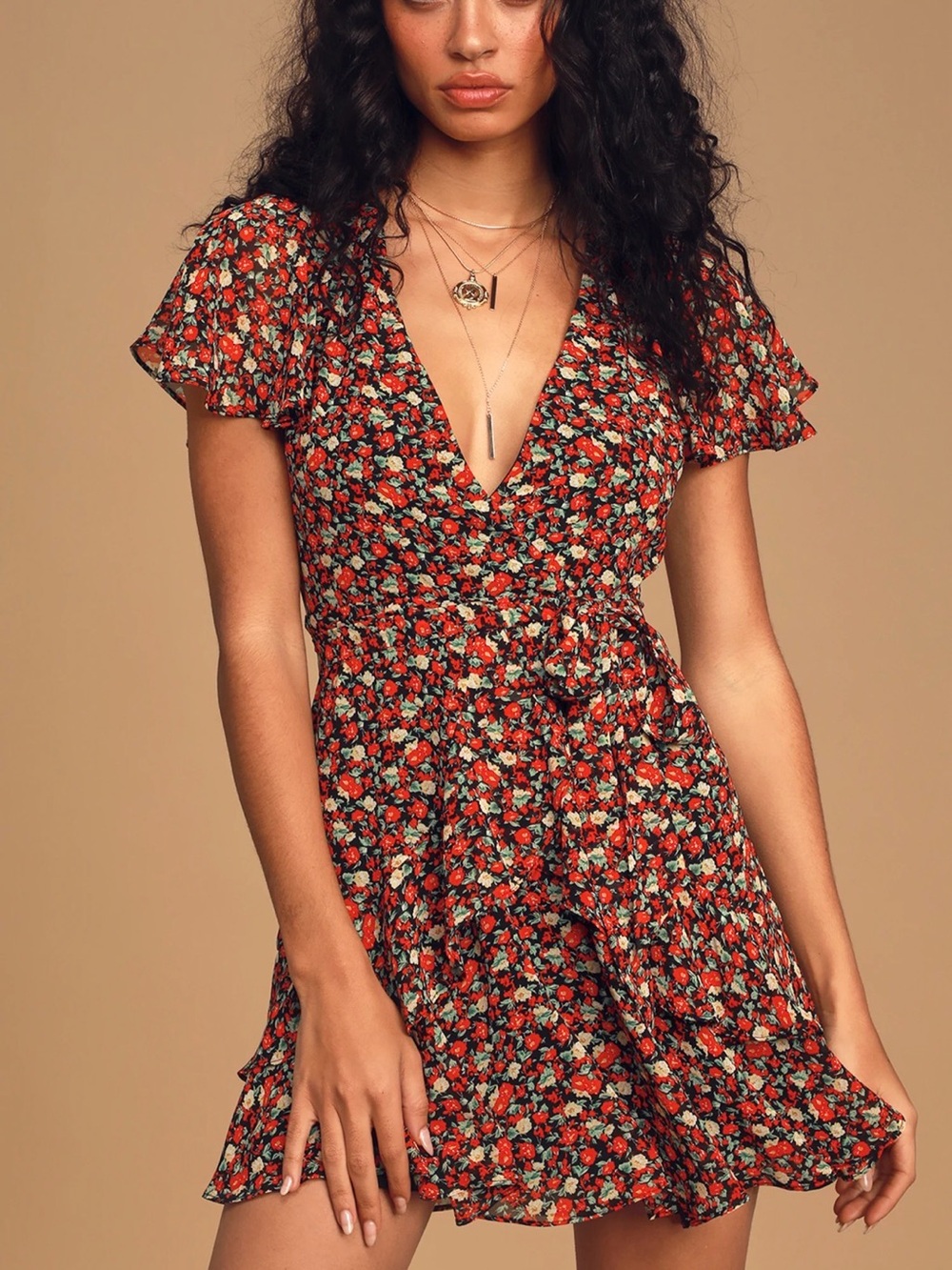 Lulus Sweet Like You Floral Ruffle Mini Dress Size Medium Black Red